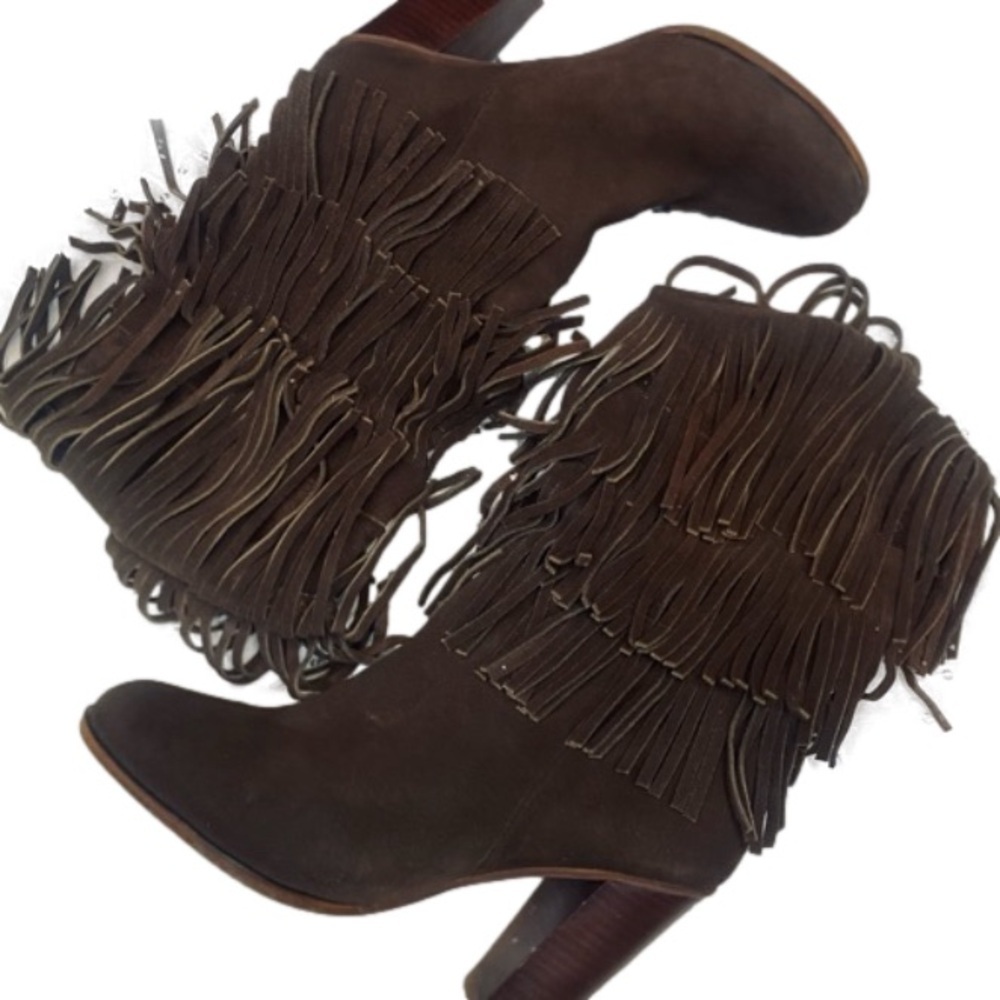 JEFFREY CAMPBELL Ibiza Last Handmade Suede Fringe Mid-Calf Boots Women’s US 6